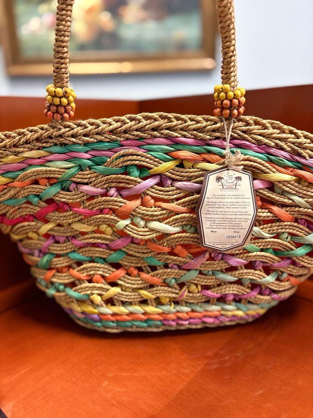 Sun 'N' Sand Multi-Color Woven Straw Tote Bag with Beaded Handles
